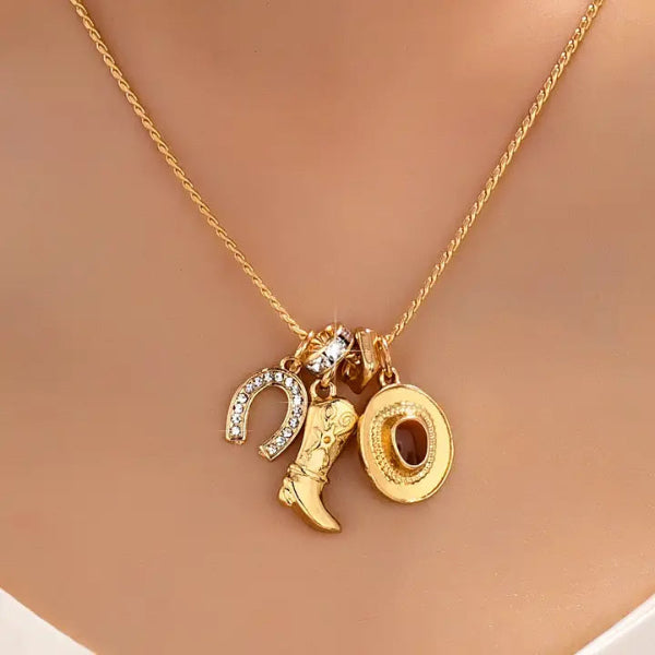 Western Hat Boot Horseshoe Rhinestone Charm Necklace